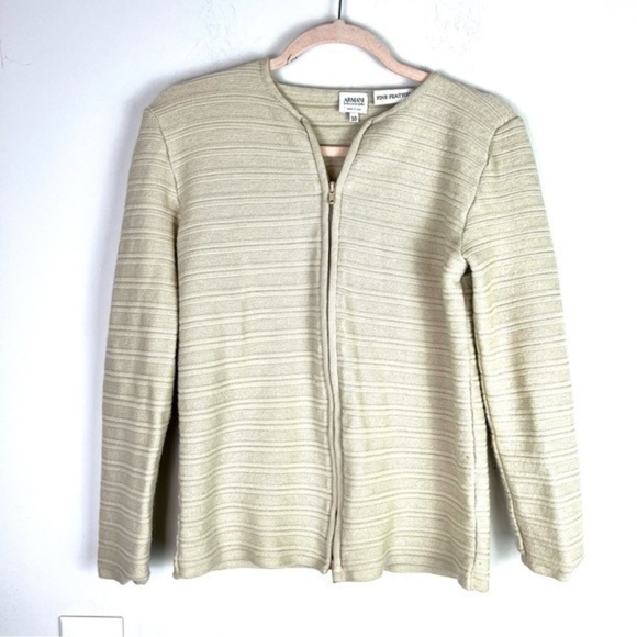 Armani Collezioni Cardigan womens size 10 tan full double zip merino wool flawed - Picture 1 of 10